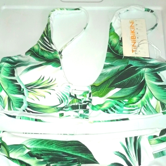 TINIBIKINI GREEN AND WHITE PALM TREE TWO PIECES BATHING SUIT - Picture 2 of 5